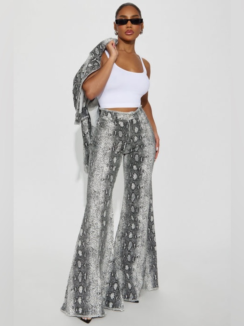 Fashion Nova sneak around rhinestone bell bottom jeans in white combo - 5